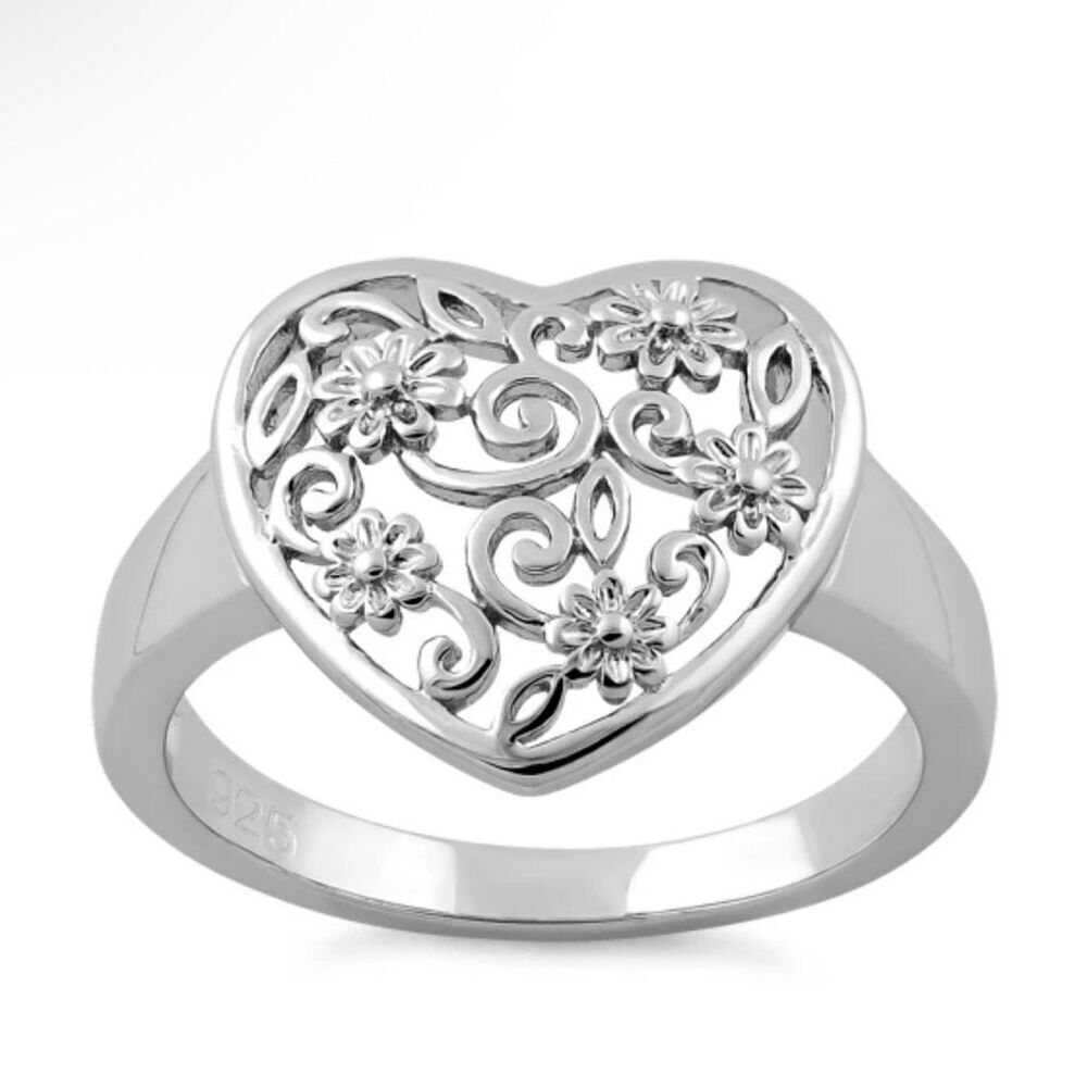 Sterling Silver Flower Vine Heart Ring New